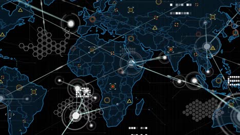 animation of network of connections and data processing over world map