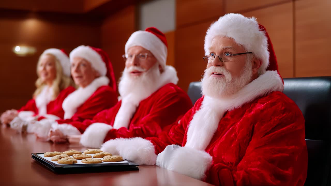 A group of jovial figures dressed in festive red attire, resembling traditional holiday representations, gather around a conference table, eagerly eyeing a plate of freshly baked cookies with anticipation