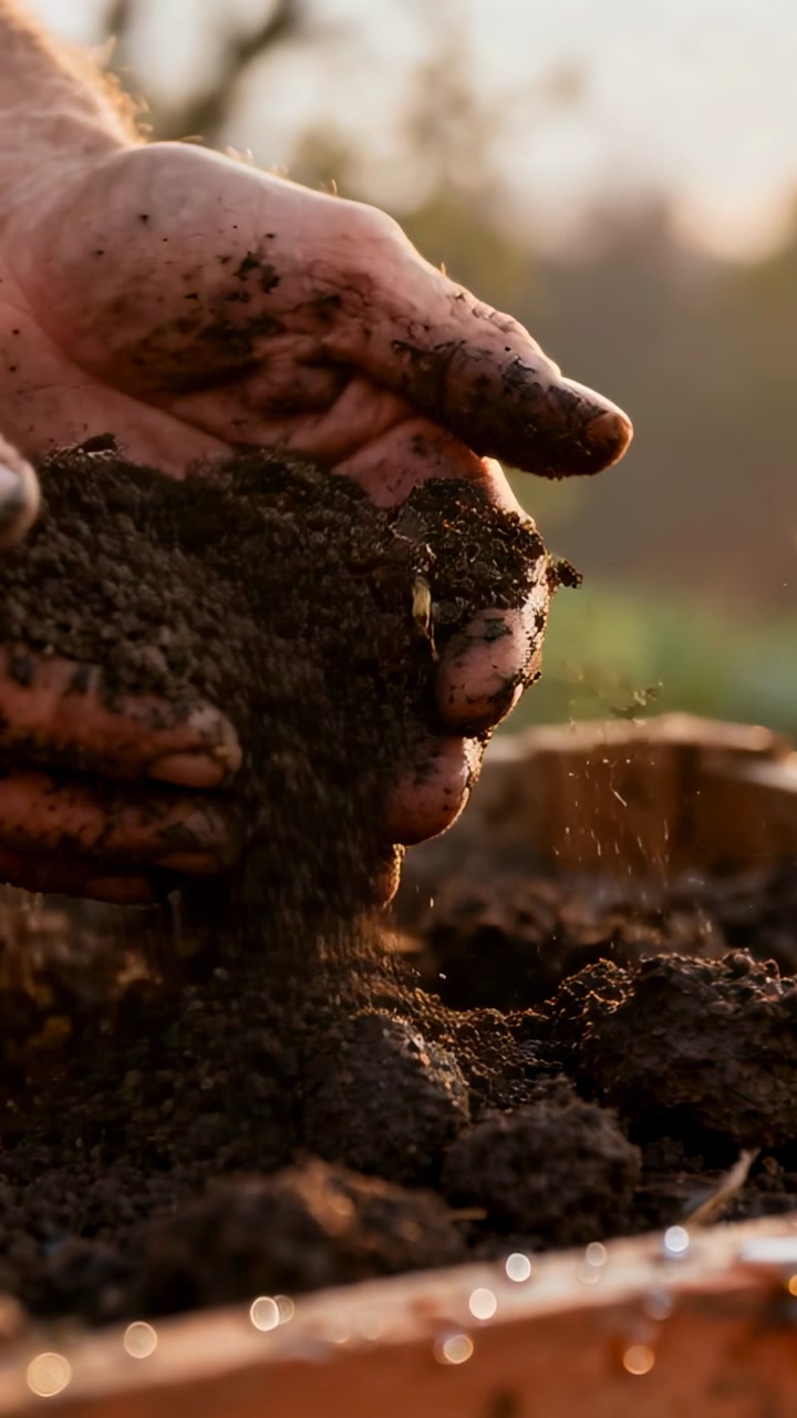 Vertical video: Dew causing dirty hands sifting soil in garden planter, readying bed, finding worm