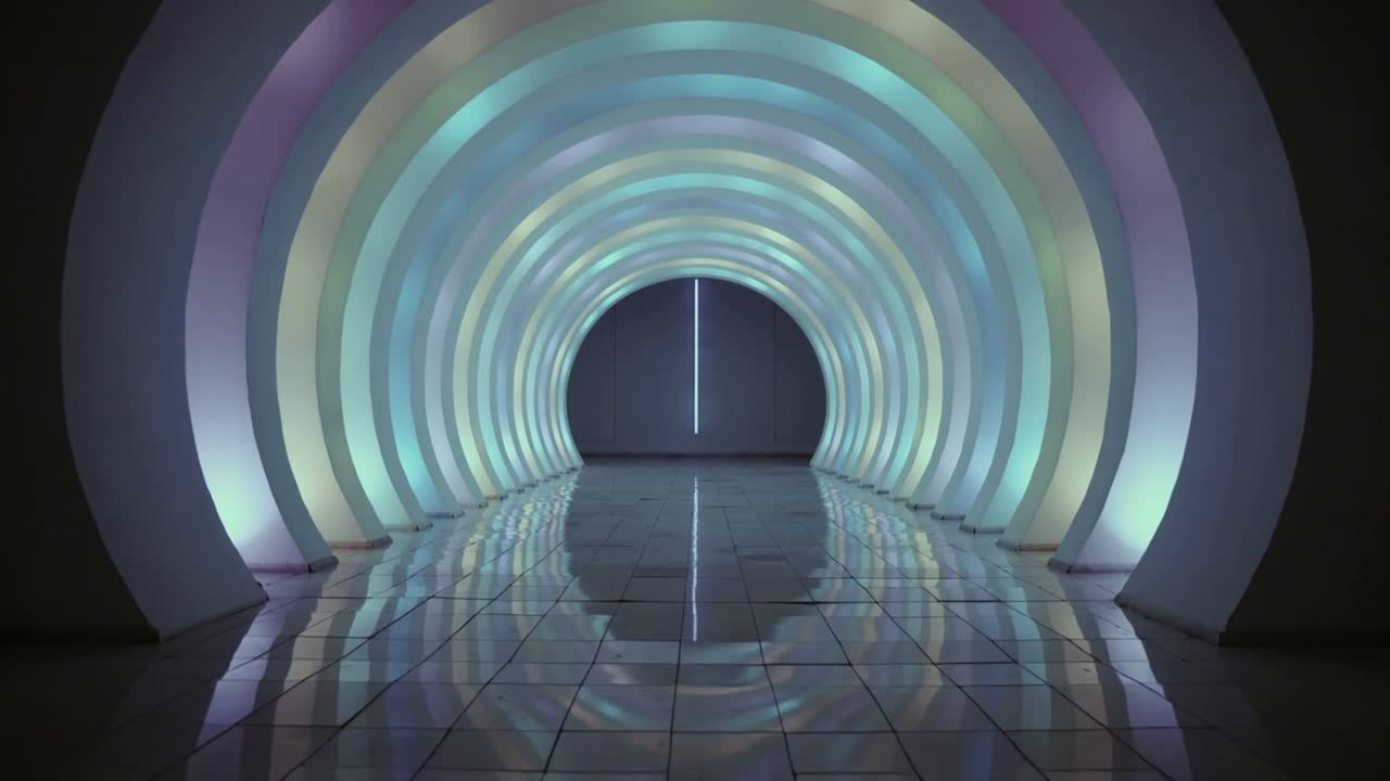 プログラムされたキューに従ってパステルカラーのLEDが循環するギャラリーのアーチ型トンネルが、鏡のような床の反射を作り出している。