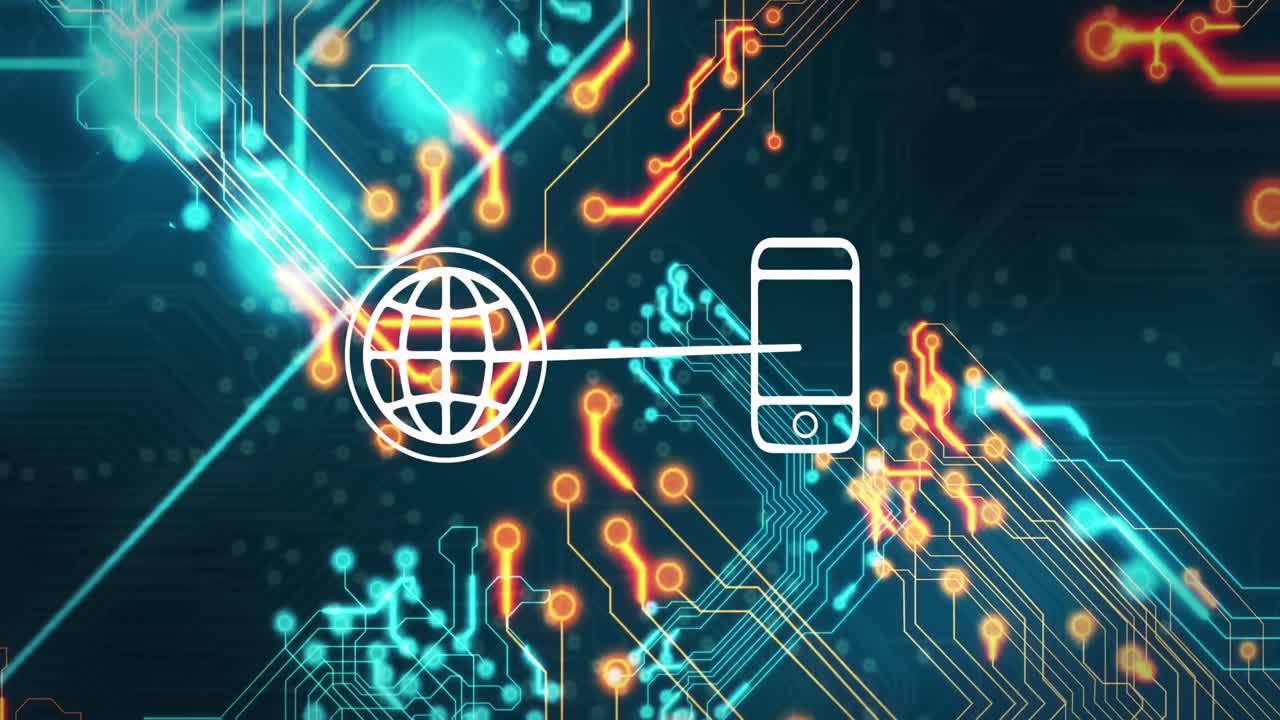 animación de una placa de circuitos informáticos con procesamiento de datos y globo, iconos de teléfonos inteligentes