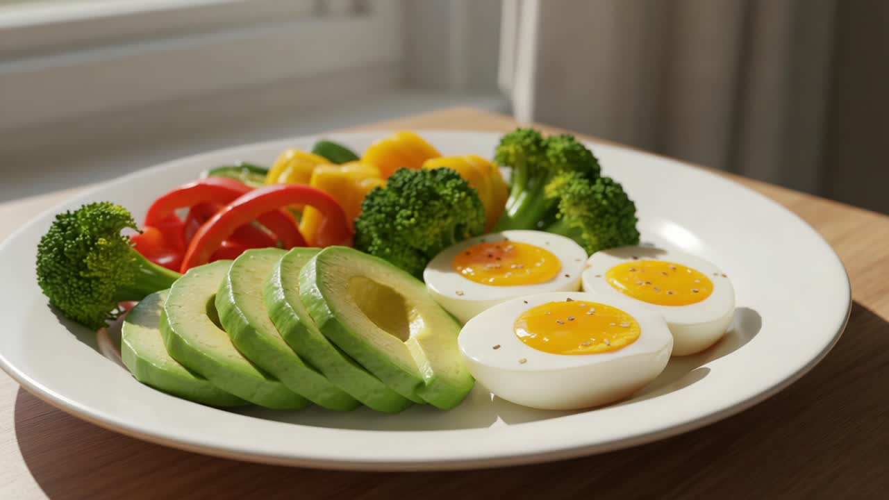 A Colorful Plate of Fresh Vegetables and Perfectly Cooked Eggs Showcasing Healthy Eating, Featuring Broccoli, Bell Peppers, Avocado, and Soft-Boiled Eggs Ready to Enjoy