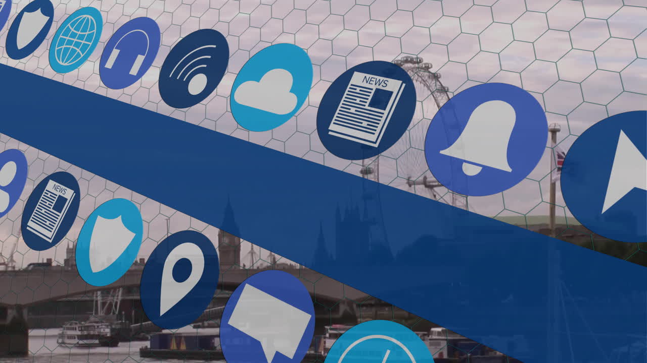 Animazione di icone di comunicazione digitale che fluttuano su un paesaggio urbano con ruota panoramica