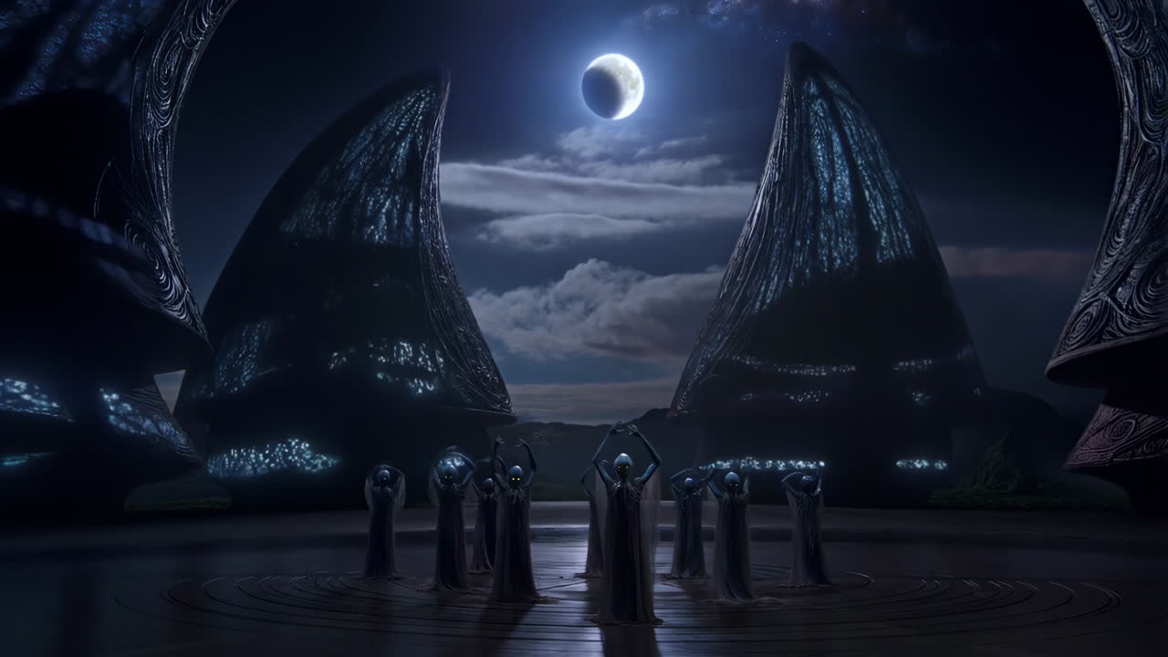 Alien Ritual Under a Crescent Moon