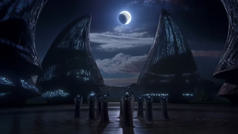 alien ritual under a crescent moon