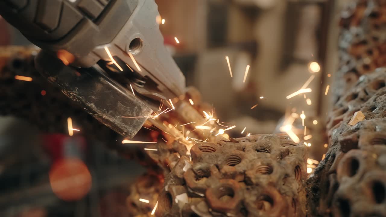 Close up slow motion bright orange sparks flying from worker grinding metal