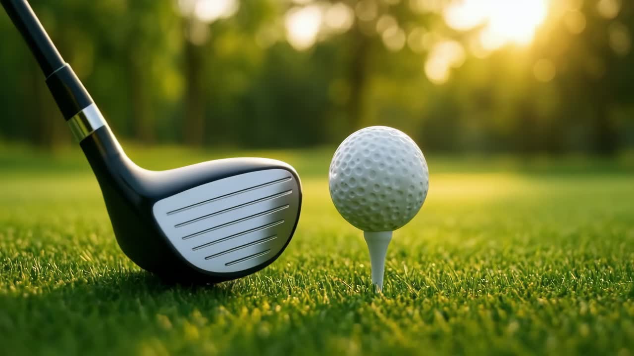 Primo piano, inquadratura dal basso di una pallina da golf sul tee all'alba, che cattura una serena vegetazione