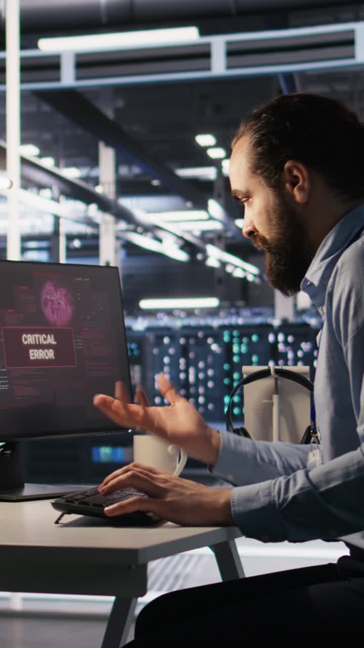Vertical video Engineer in data center frustrated by critical error popup on monitor