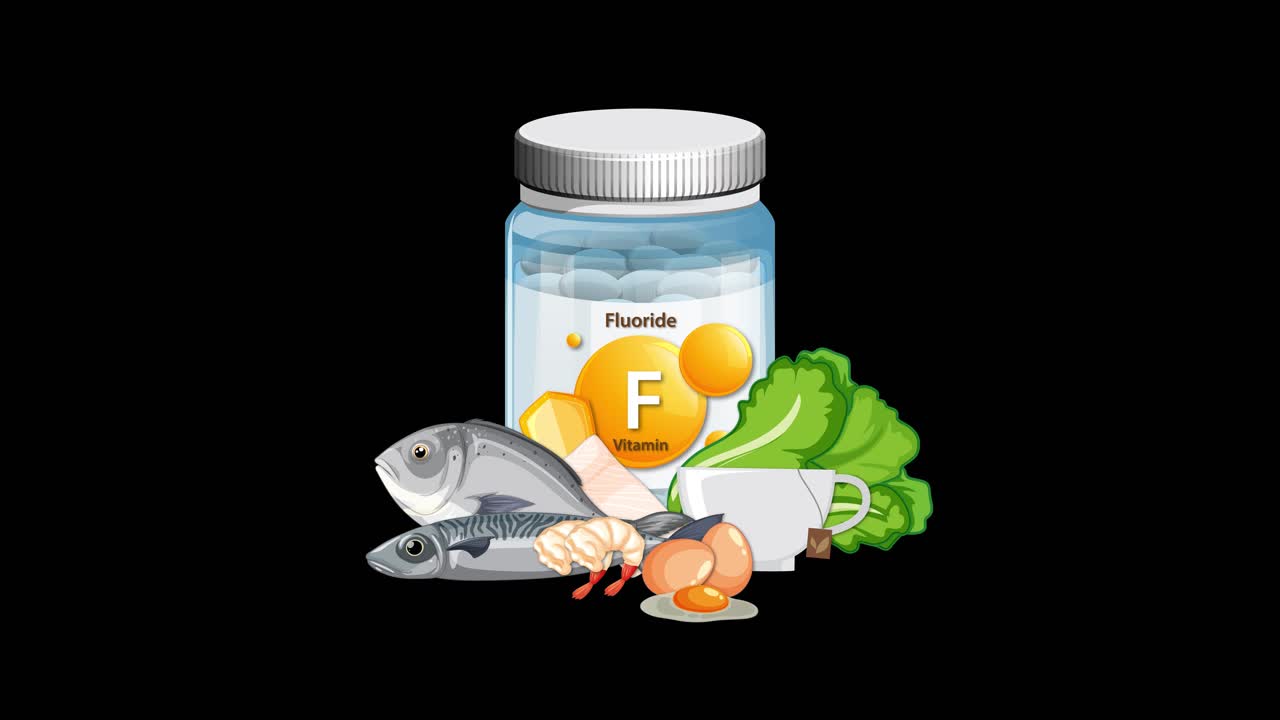 Fluoride supplement bottle with fish, shrimp, tofu, and leafy greens appearing, black background, smooth transitions