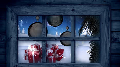 window frame against baubles and snow falling over multiple christmas gifts on winter landscape