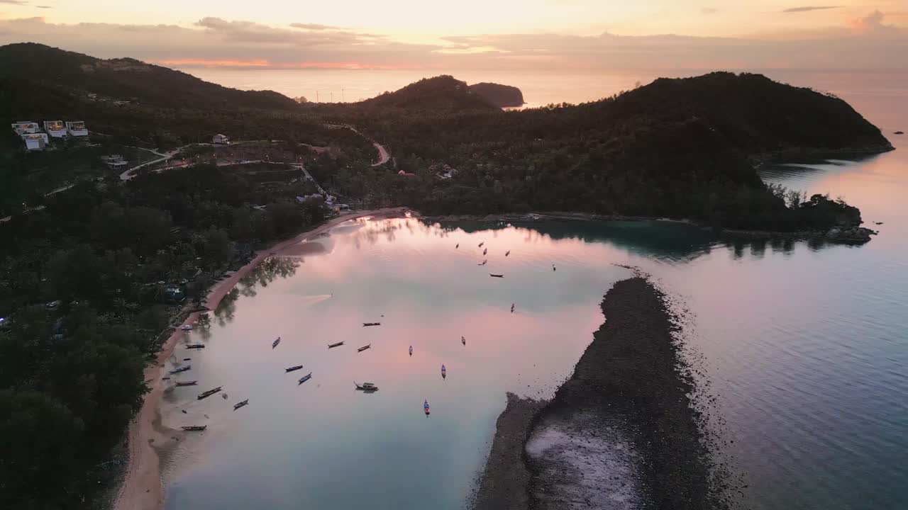 Ko Pha-ngan Sunset Thailand's Travel Island, Aerial View of lush tropical jungle with Calming Sea, panoramic