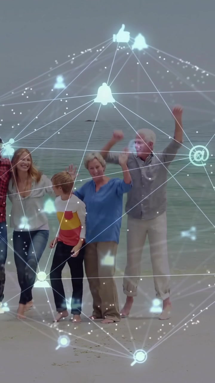 Animazione di rete di connessioni ed elaborazione dati su famiglia che si gode la spiaggia