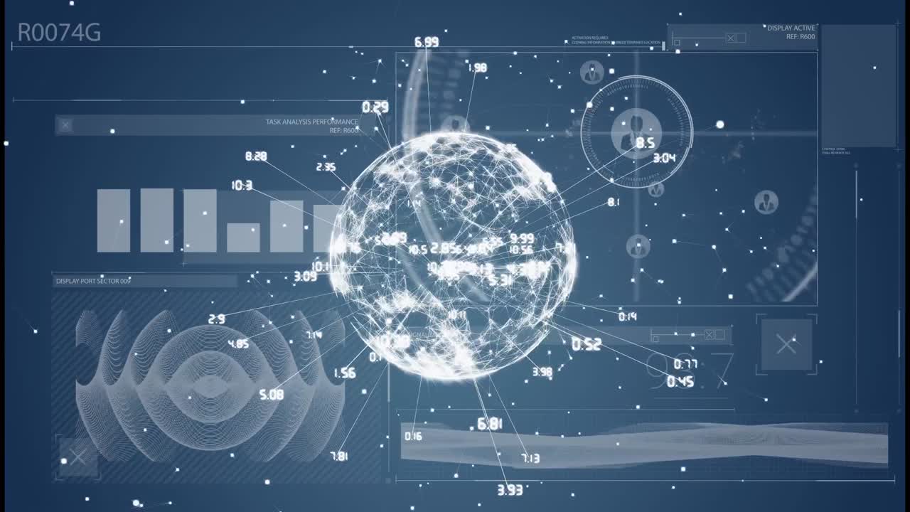 데이터 처리 인터페이스를 통해 회전하는 연결 네트워크의 지구의 애니메이션