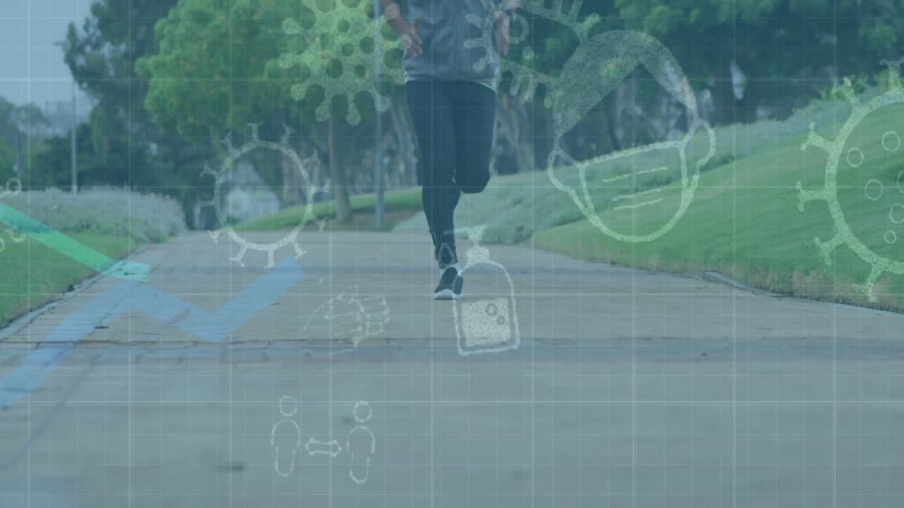 Animation of digital screen over african american man with prosthetic legs training at stadium