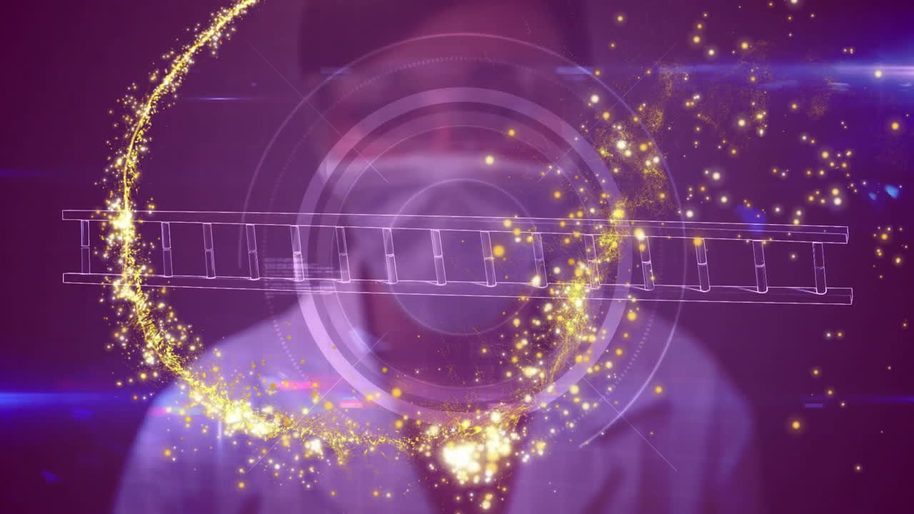 DNA strand and glowing particles animation over scientist in laboratory coat