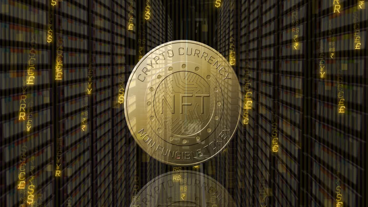 animación de la moneda con nft y luces sobre los servidores