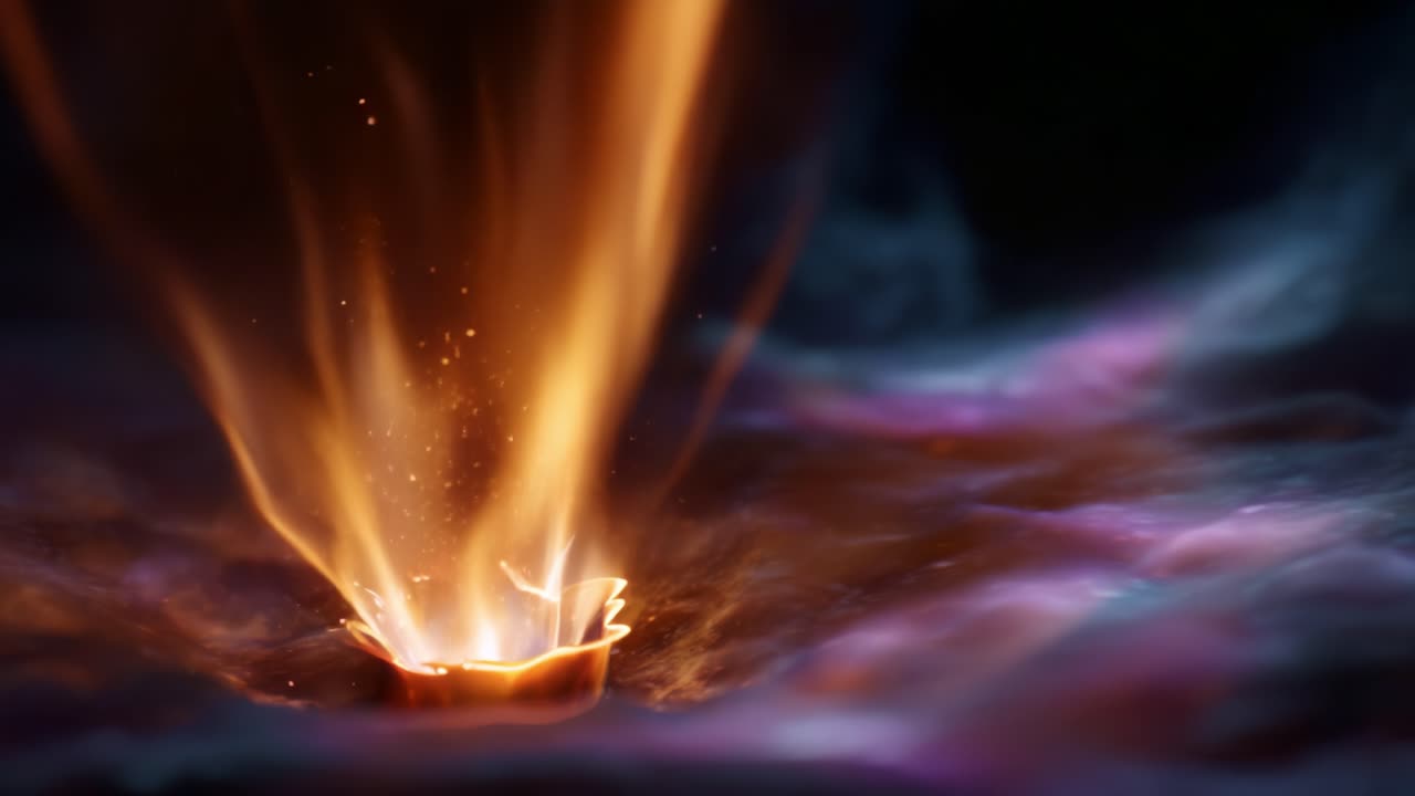 Una straordinaria rappresentazione di fiamme che danzano e guizzano sopra una superficie incandescente, creando un'atmosfera enigmatica di luce e colore nell'oscurità