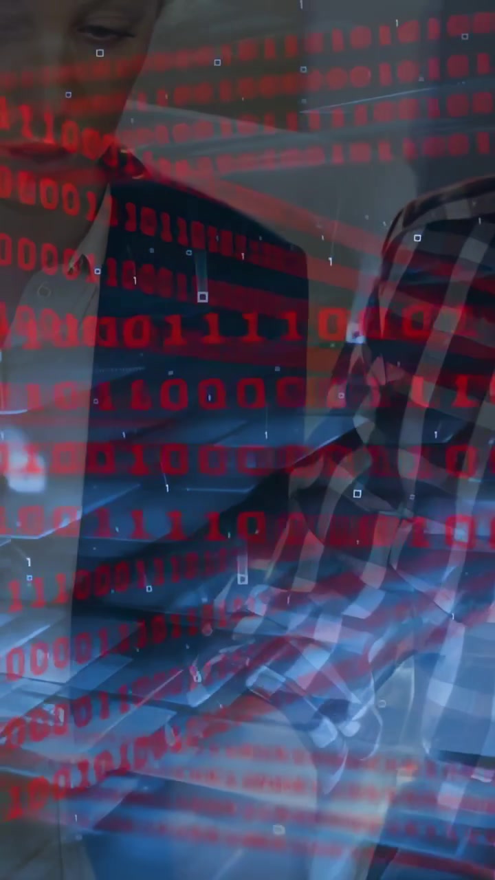 Camera pulling back, plaid man shifting, binary drifting across faces, revealing friend, showing AR