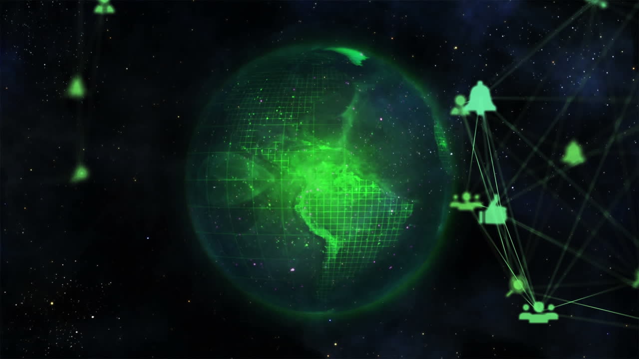 video compuesto digital de una red de conexiones con iconos que se mueven contra el globo giratorio en el fondo