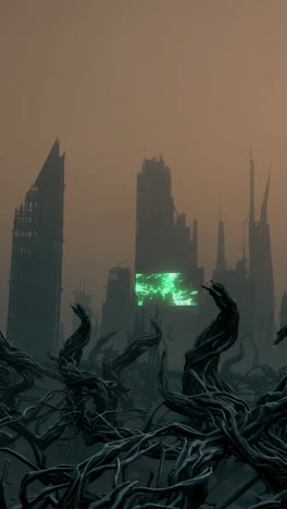 post-apocalyptic ruined city with mysterious plants