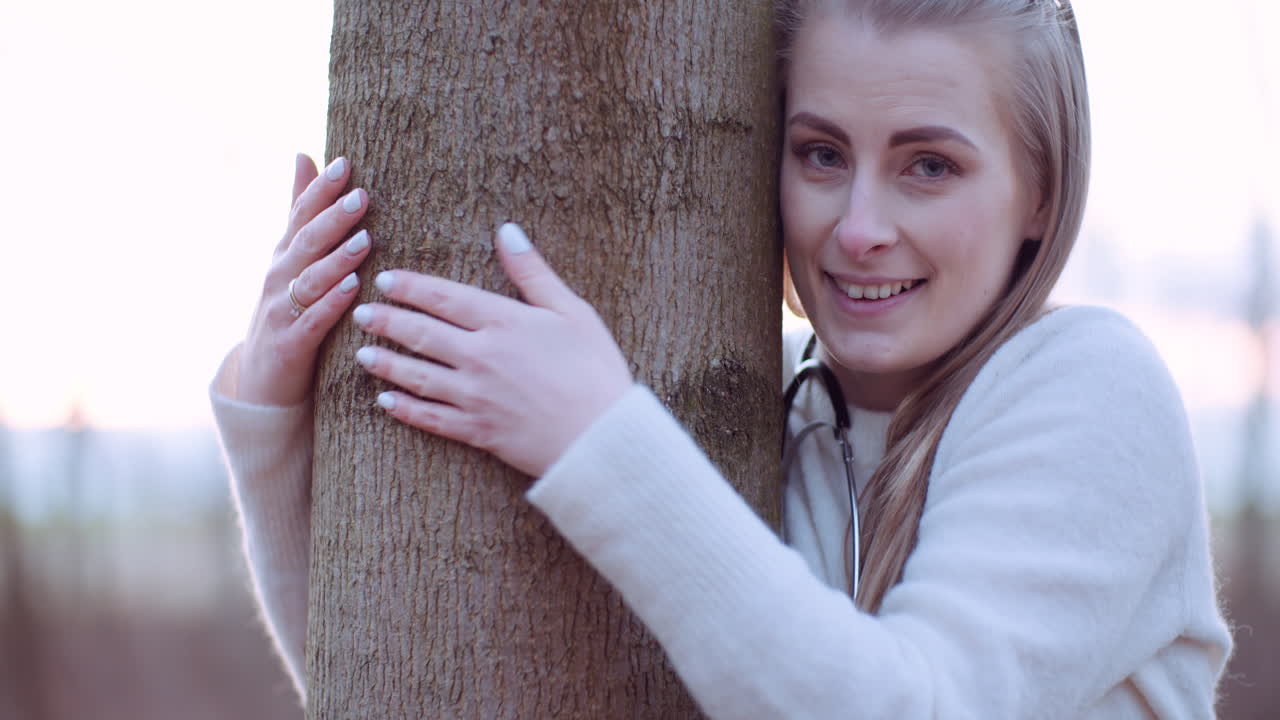 Beautiful Loving Nature Woman Hugs Tree In Forest In Autumn 4