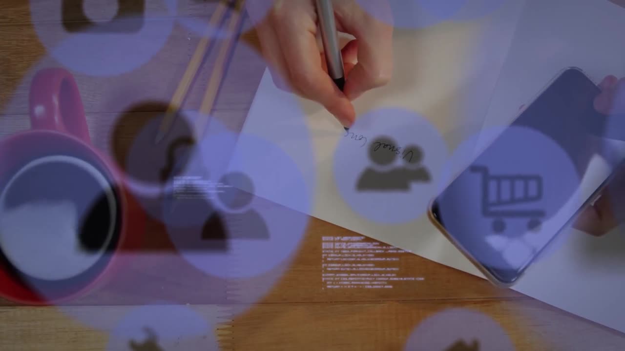 스마트폰을 가진 백인 여성에 대한 온라인 디지털 아이콘의 애니메이션