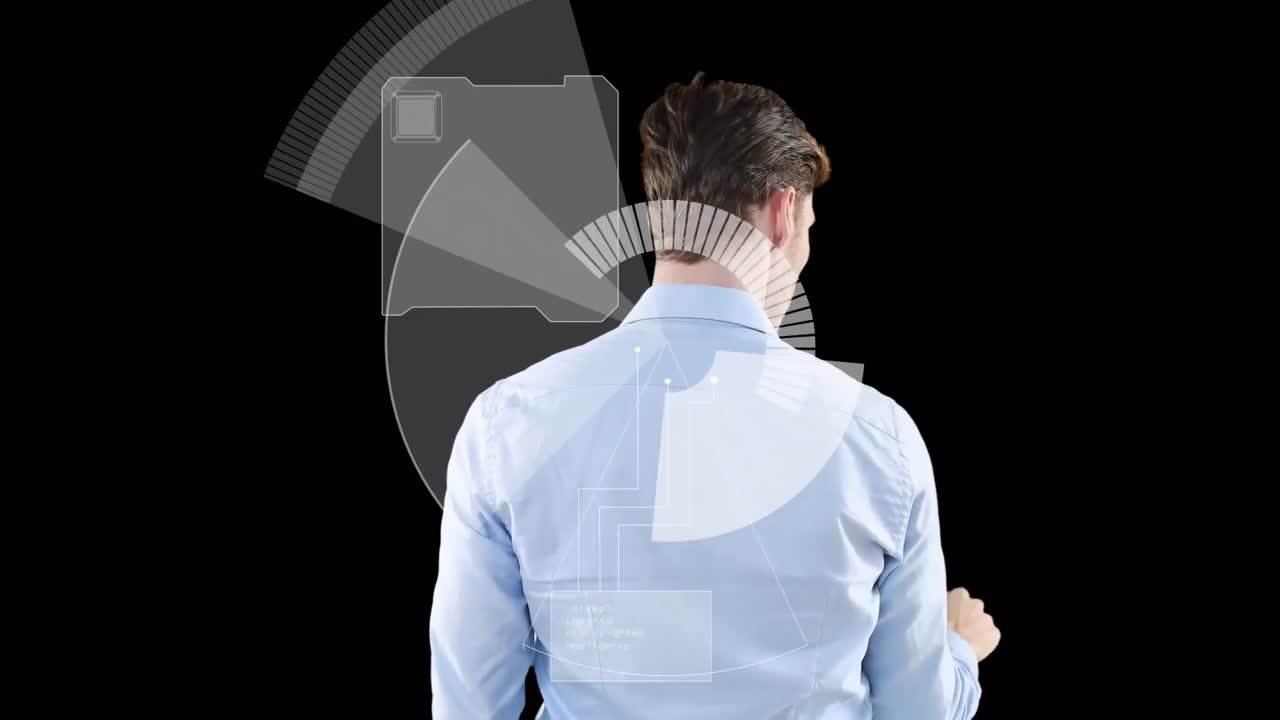 카우카시안 사업가 터치 인터페이스를 통해 데이터 처리의 애니메이션