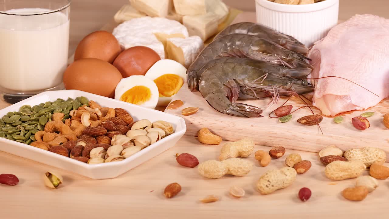 variedad de fuentes de proteínas dispuestas en una mesa