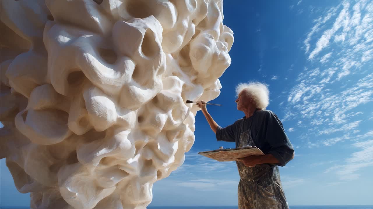 Artist Captivated by Nature: A Masterpiece in the Making As He Paints an Intricate Abstract Sculpture Against a Stunning Blue Sky and Serene Ocean Background