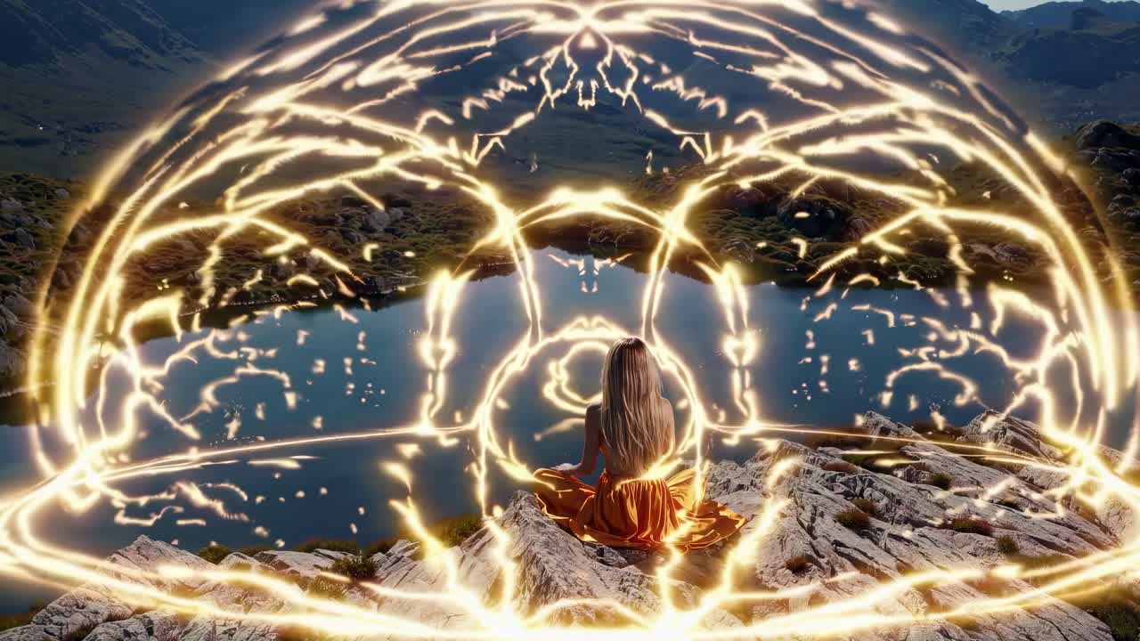 Meditating woman surrounded by golden energy effects, sitting on rock overlooking serene lake landscape, embodying spiritual tranquility and inner harmony
