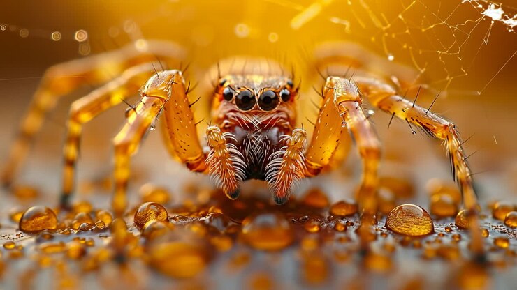 Close look at a spider with dew drops. A spider sits on a surface covered with dew drops. The scene shows fine details of the spider's body and the droplets
