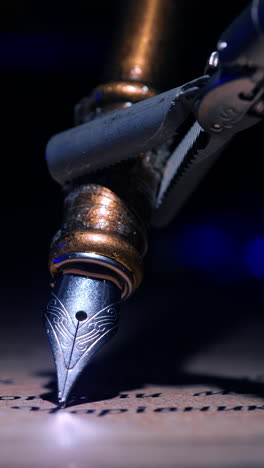 robotic forceps holding old-fashioned writing pen and move it over the paper. precise work of the innovative futuristic equipment. close up. dark backdrop. vertical video