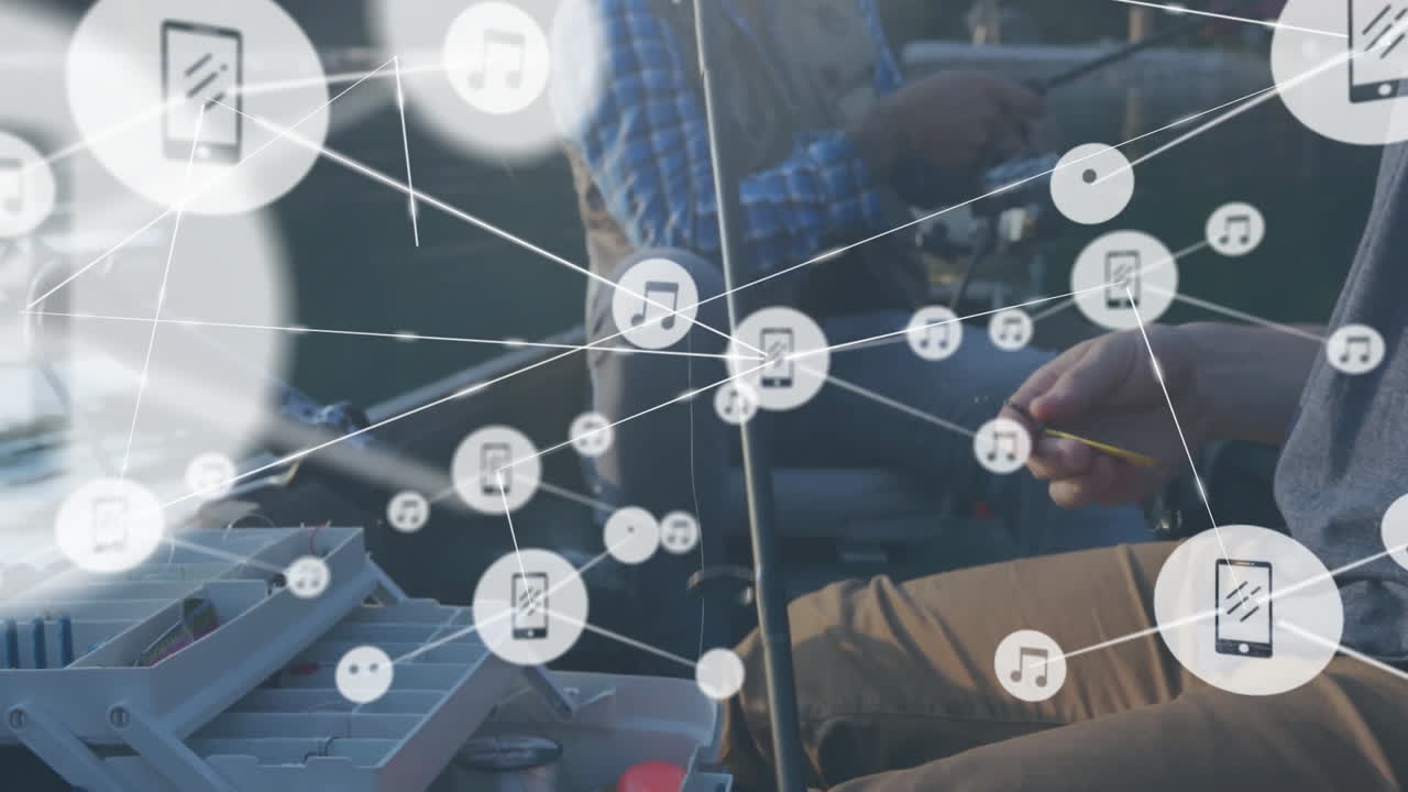 호수에서 시를 하는 백인 남성 친구들에 대한 아이콘과의 연결 네트워크의 애니메이션