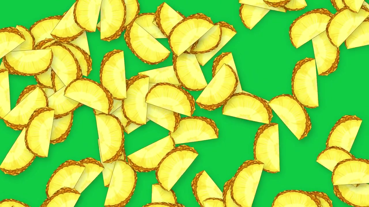 Animated pineapple slices fall vertically against a vibrant green screen with soft drop shadows.