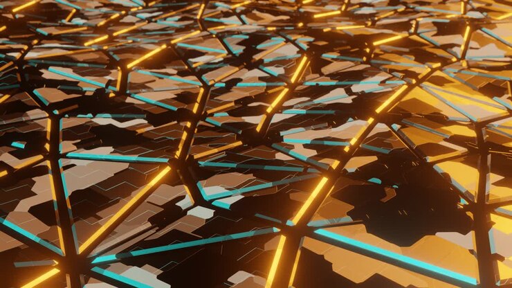 Abstract tech geometric structure with panels in green and orange lights. Seamless looping background futuristic animation