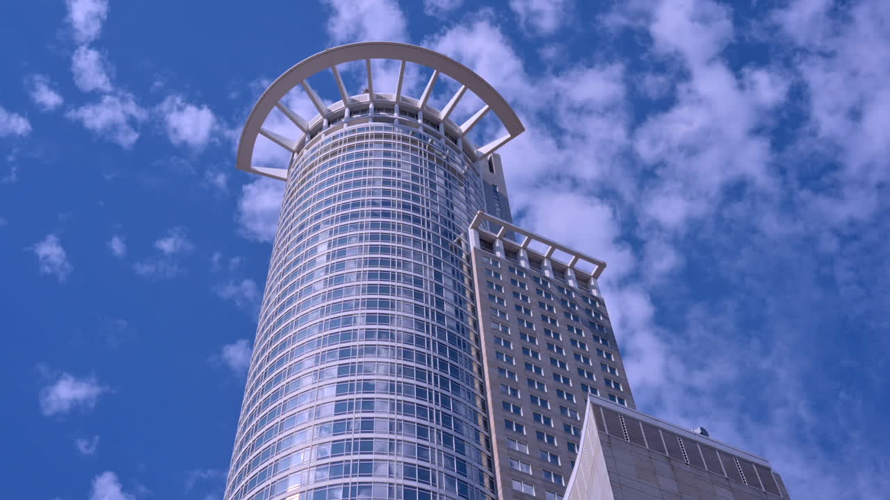 Low angle view of the Westend Tower skyscraper in Frankfurt, Germany