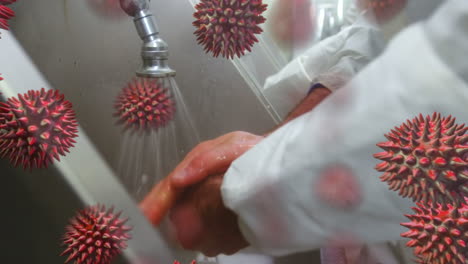 animation of macro coronavirus covid-19 cells spreading over man washing his hands