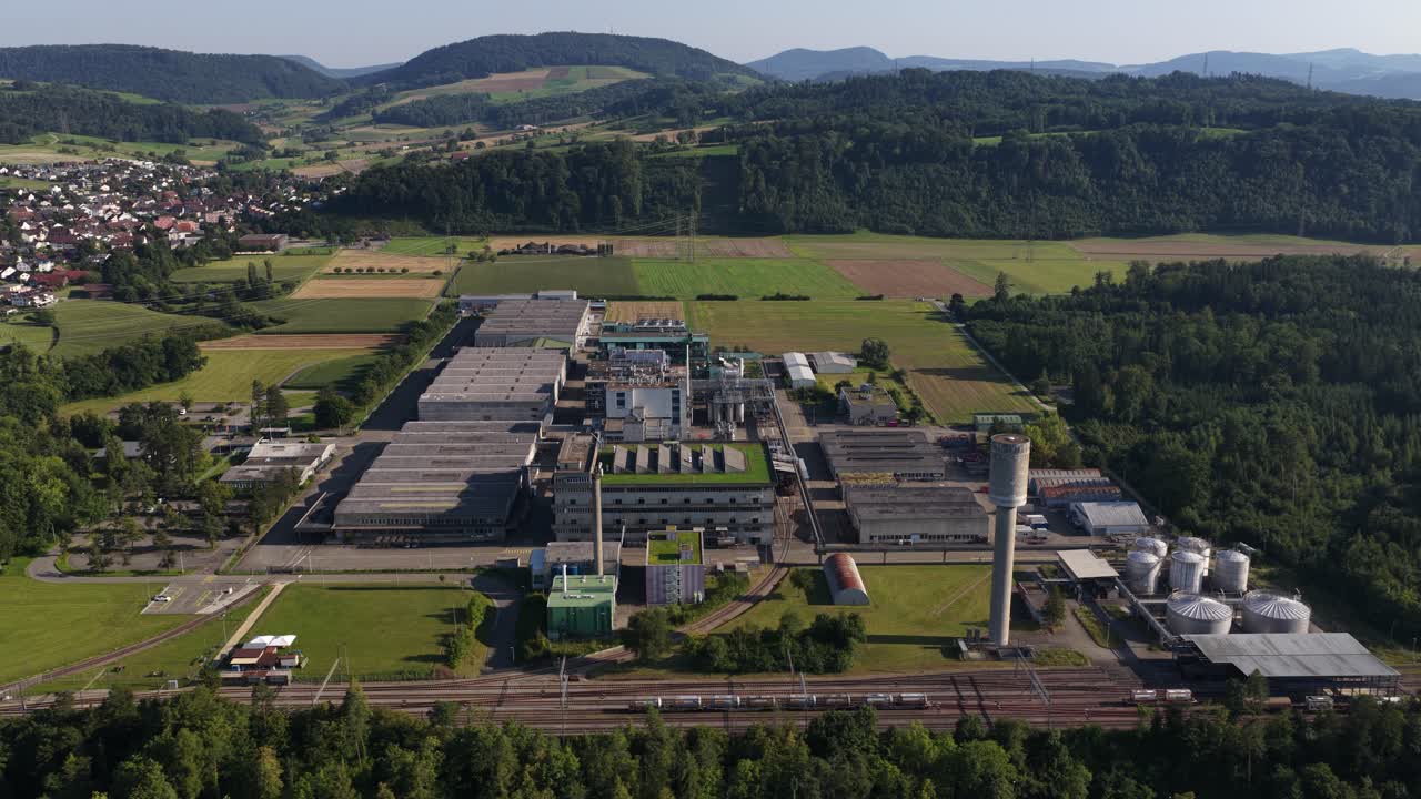 Chemical factory in Kaisten, Switzerland. Production of plastics. Aerial drone video