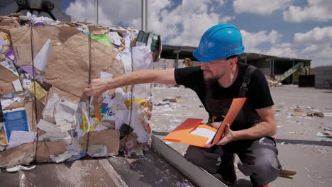 worker squats and inspects paper bale at recycling facility, slomo pan