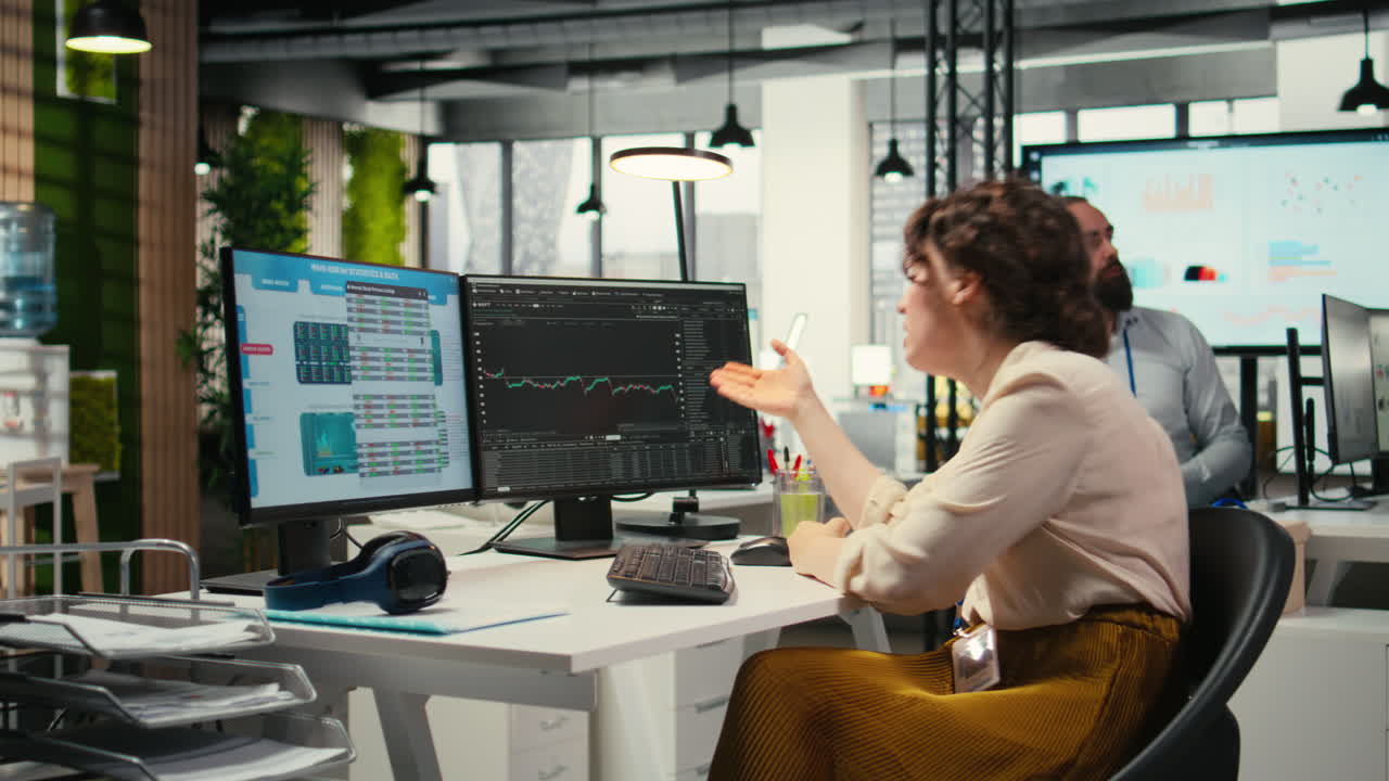 Vertical Video Worried finance advisor looks at forex trends market fall and losing money