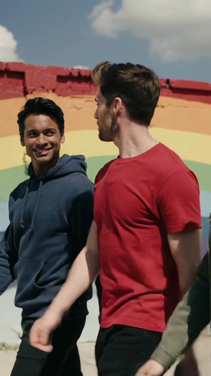 Vertical video: Walking man in red shirt turning to smiling left friend on sidewalk, rainbow mural