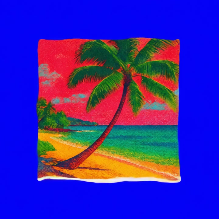 Palma illustrata colorata su una spiaggia con l'oceano e cielo rosso