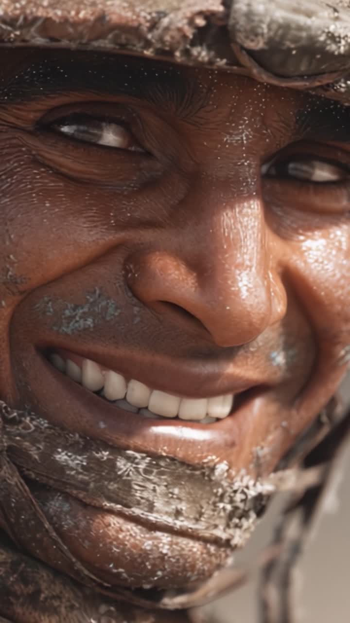 A Soldier's Enduring Spirit Captured in Close-Up: A Grinning Face of Resilience and Camaraderie Amidst Challenging Conditions