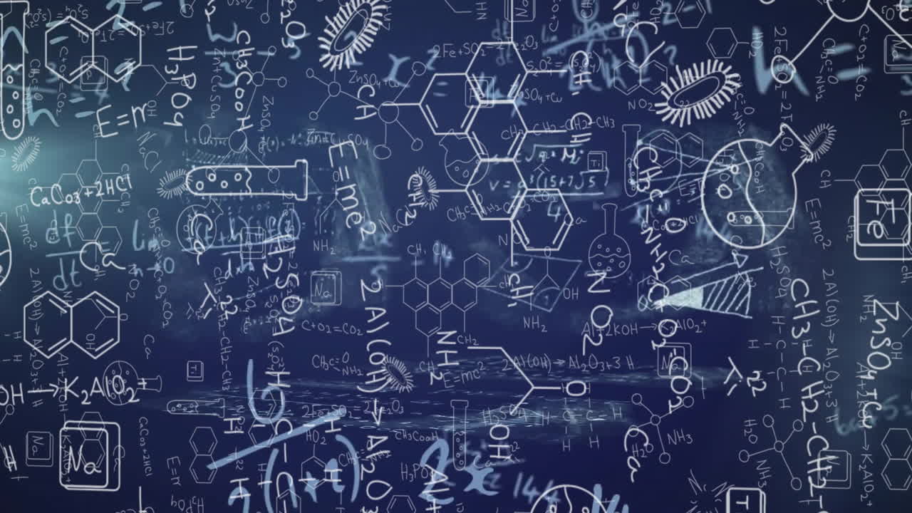 animación de dibujos médicos, ecuaciones matemáticas y diagramas sobre un fondo azul
