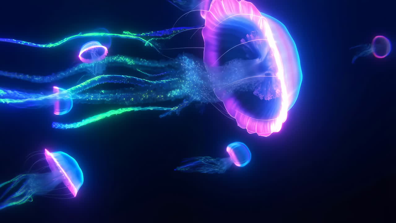 Glowing Neon Jellyfish Swarm in Dark Water