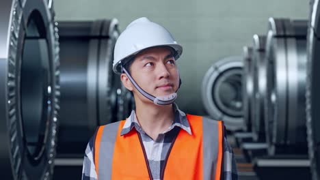 primer plano de un ingeniero masculino asiático con casco de seguridad mirando a su alrededor mientras está de pie en una fábrica de metal