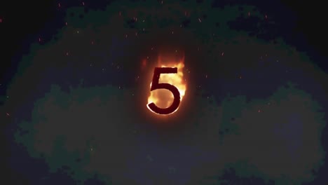 animation of 5 text in burning flames over dark background