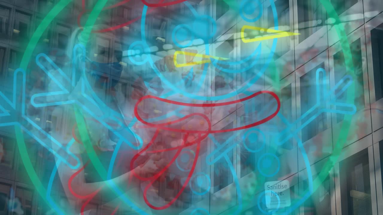 animación de formas sobre diversas personas y paisajes urbanos.