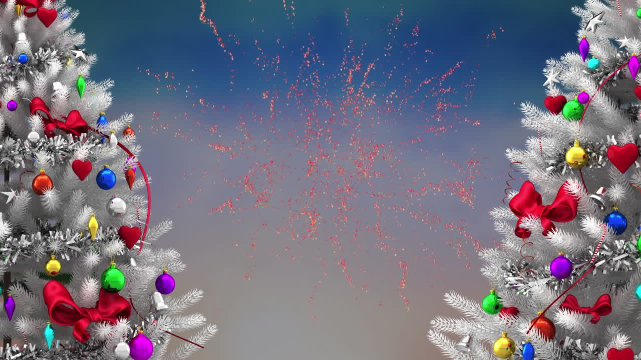 animación de árboles de navidad sobre fuegos artificiales sobre fondo azul