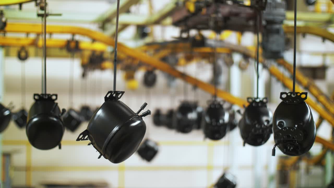 Finished metal product moving on conveyor belt at production factory